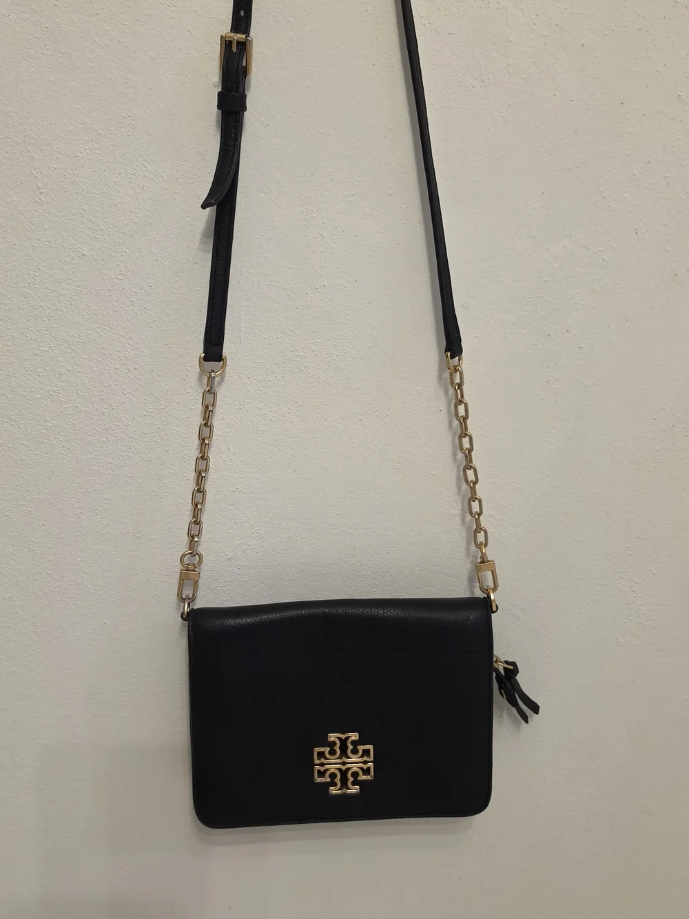 Tory Burch Black Leather Crossbody with Gold Logo Chain